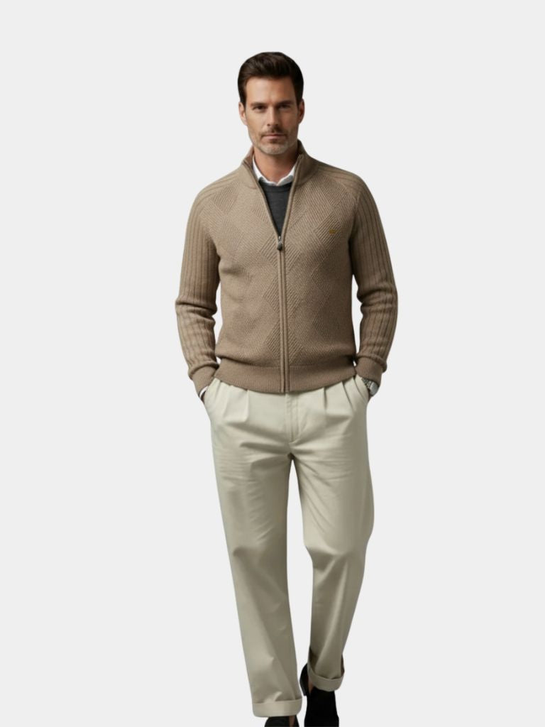 Suéter de cárdigan de punto con cremallera y jacquard en color sólido