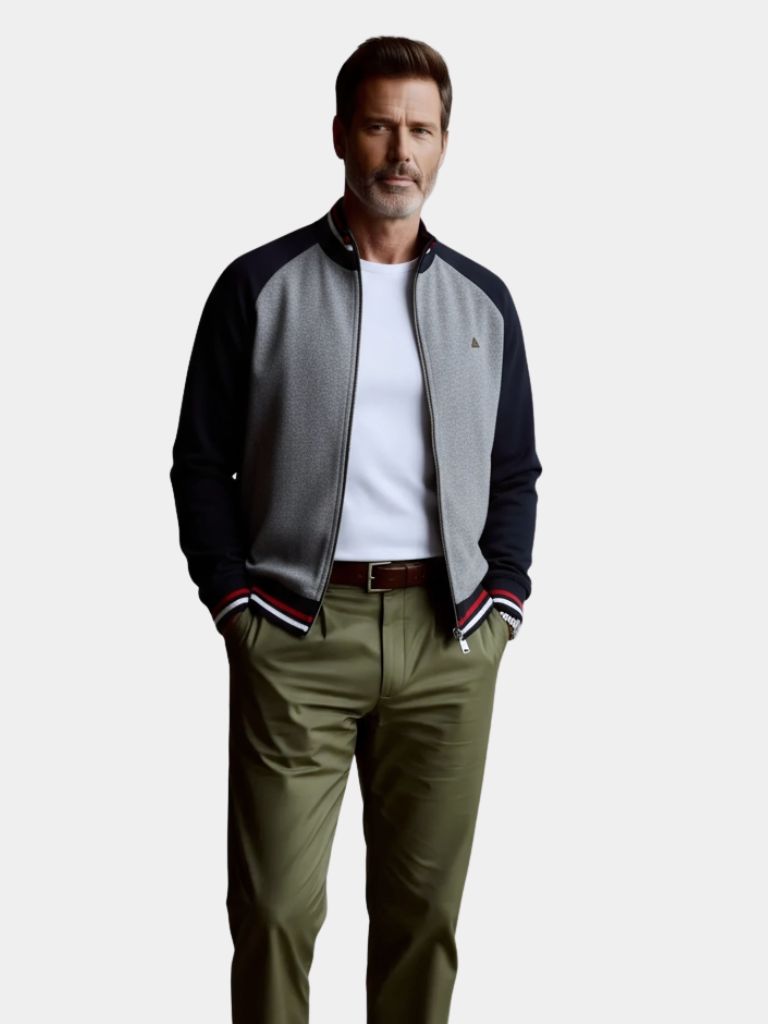 Suéter de cardigan con cuello alto y bloque de color con cremallera