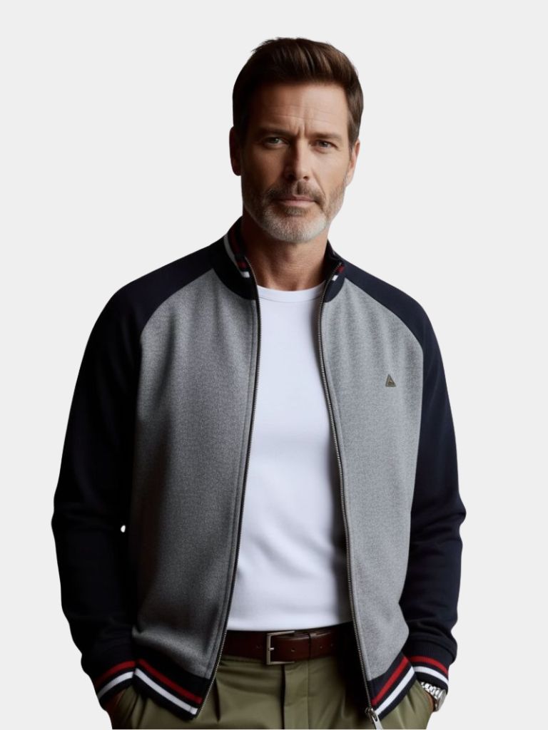 Suéter de cardigan con cuello alto y bloque de color con cremallera