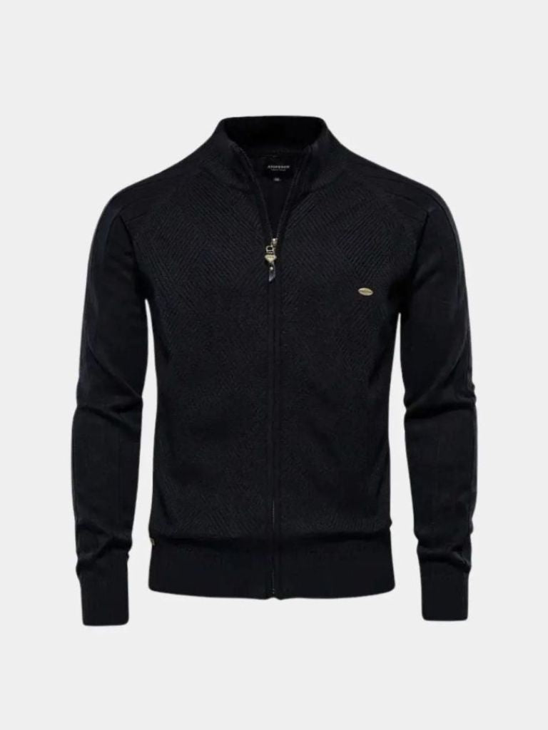 Suéter de cárdigan de punto con cremallera y jacquard en color sólido