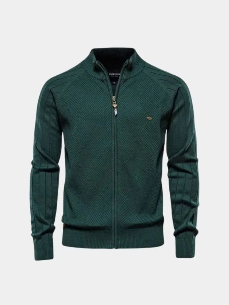 Suéter de cárdigan de punto con cremallera y jacquard en color sólido