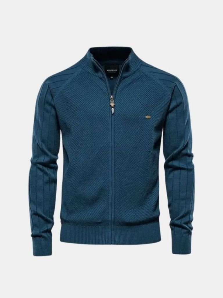 Suéter de cárdigan de punto con cremallera y jacquard en color sólido