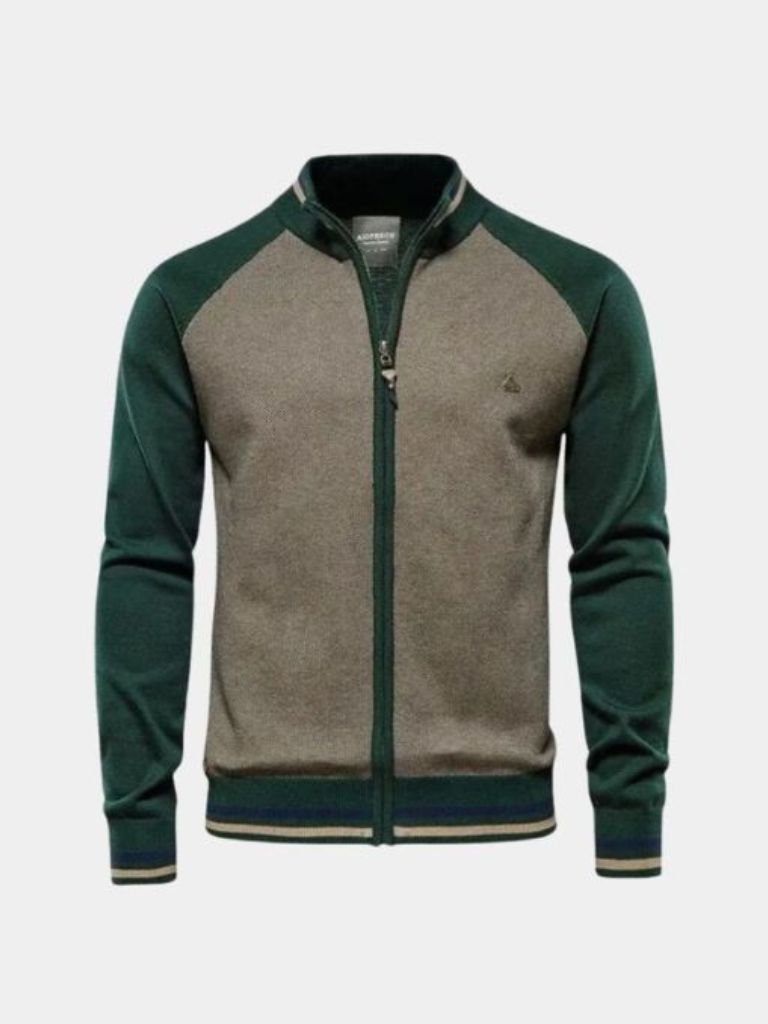 Suéter de cardigan con cuello alto y bloque de color con cremallera