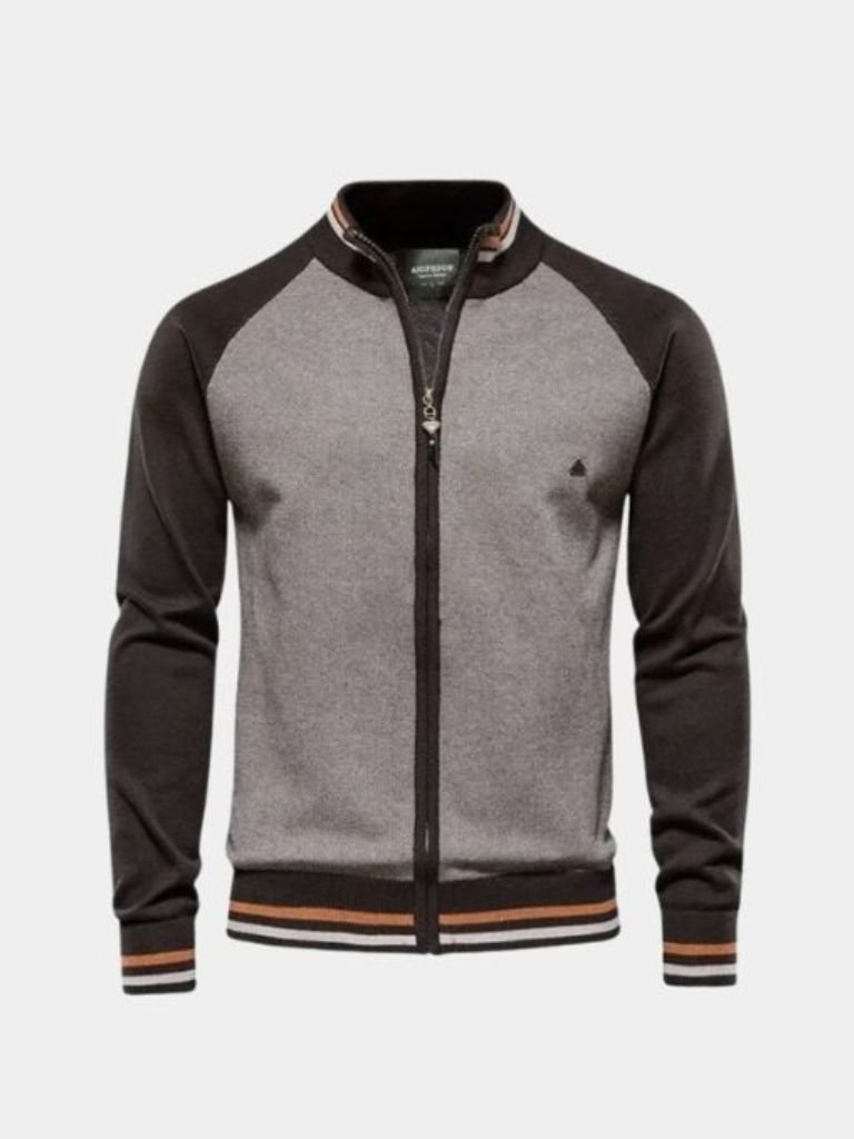 Suéter de cardigan con cuello alto y bloque de color con cremallera