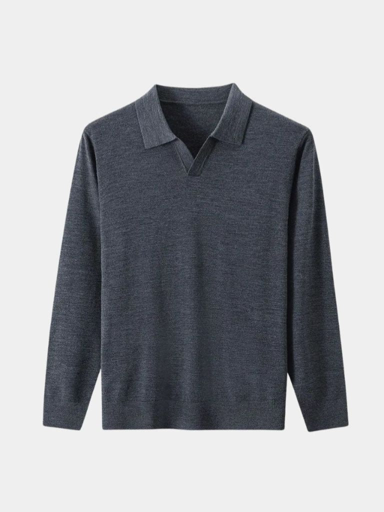 100% Wool Knit V Neck Turndown Polo Pullover