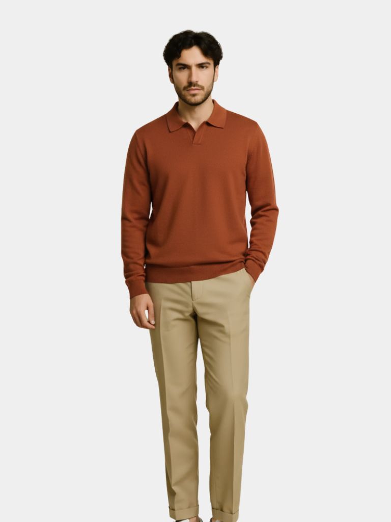 100% Wool Knit V Neck Turndown Polo Pullover